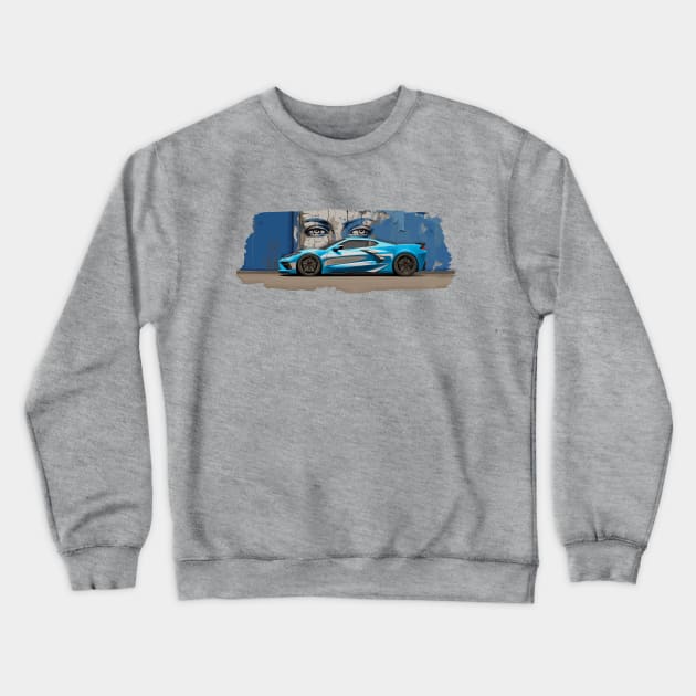 Rapid Blue C8 Corvette Stingray Supercar in front of a wall of graffiti with blue eyes looking back at you Sports car American Muscle car race car Crewneck Sweatshirt by Tees 4 Thee